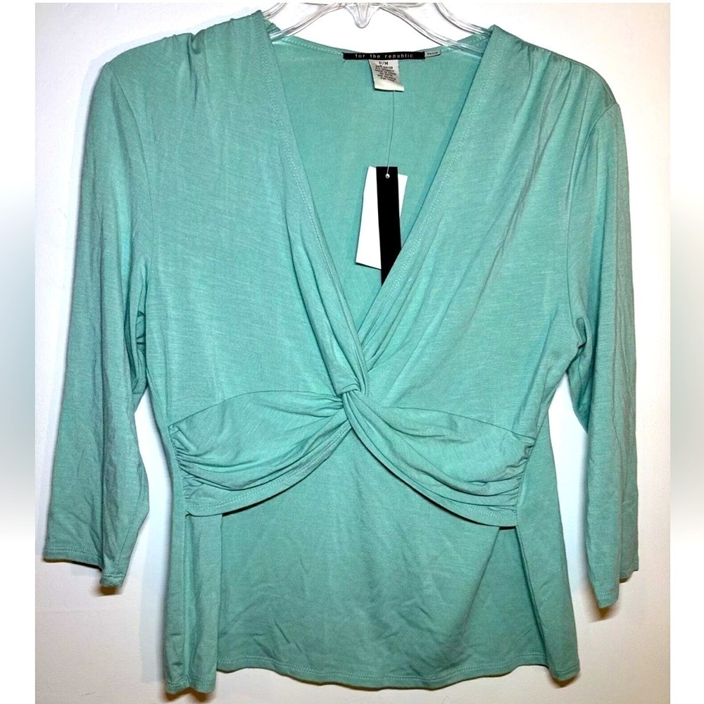 NWT Women's medium Teal Twist Front Top V Neck Blouse Shirt for The Republic